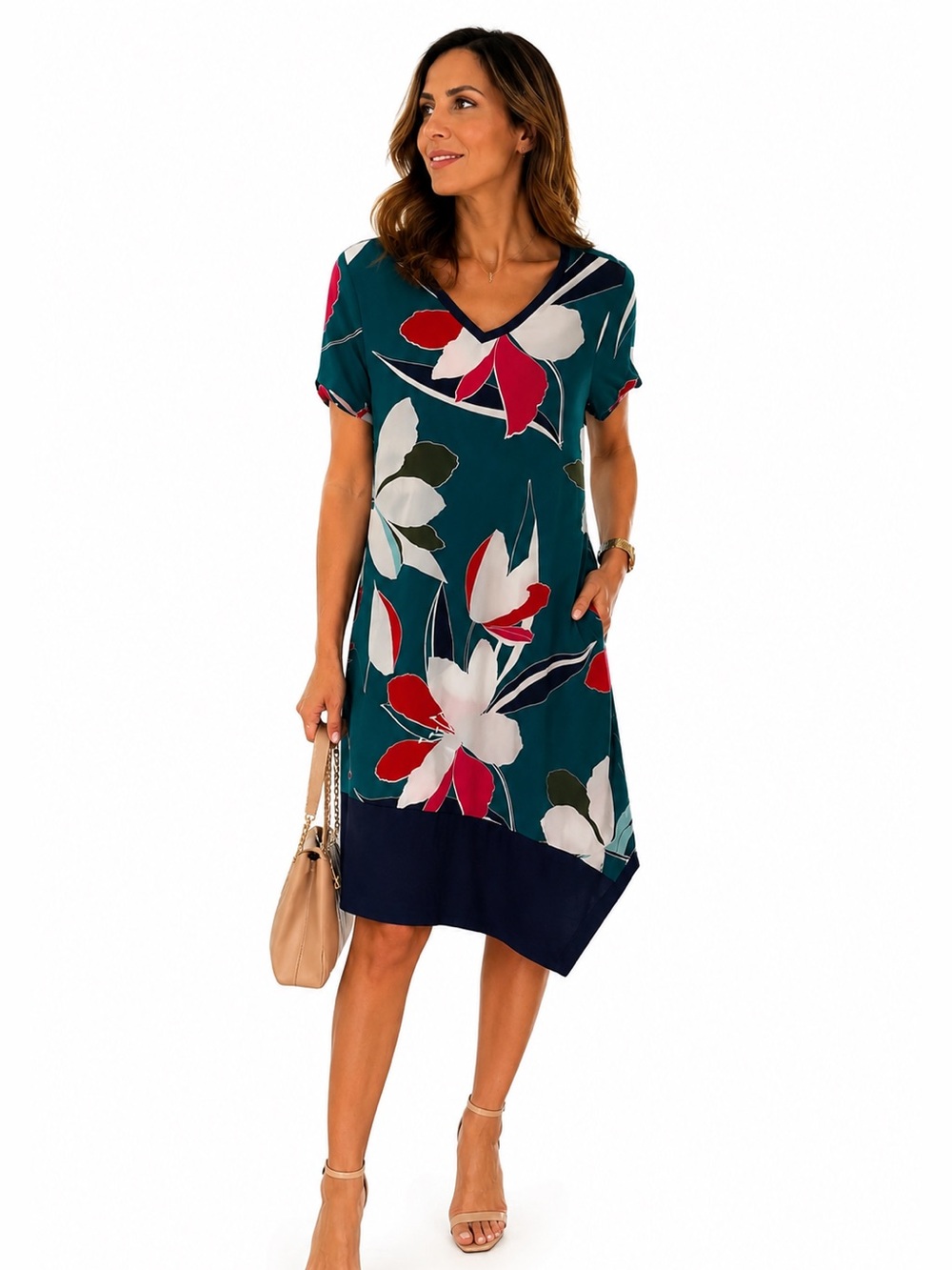Cuddl Duds Flexwear Short Sleeve Asymmetric Dress with Pockets | Size Medium